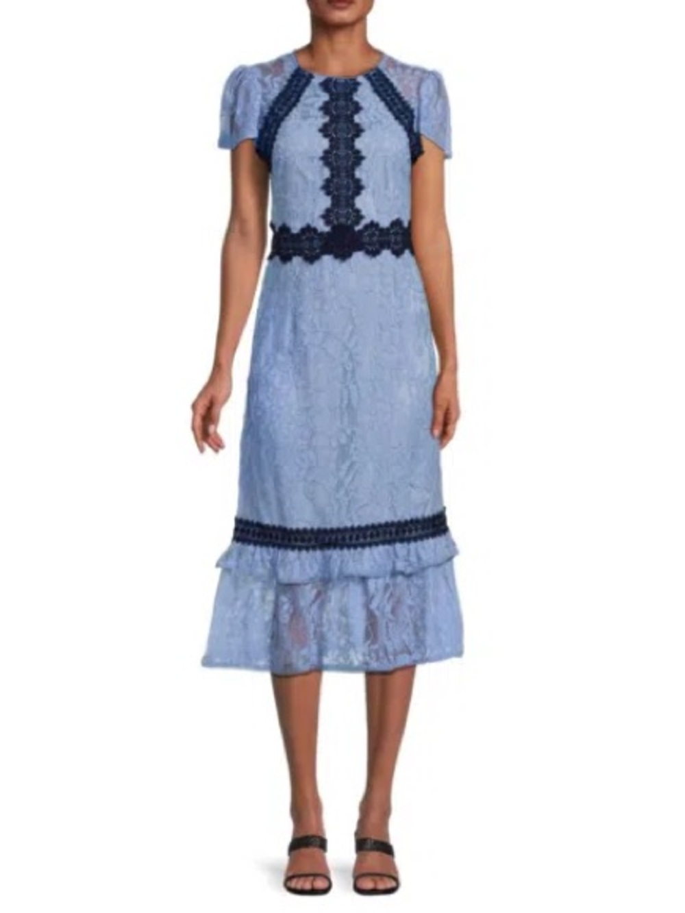 Rachel Parcell Contrast Lace Midi Dress Serenity Blue Black Lace Size 14